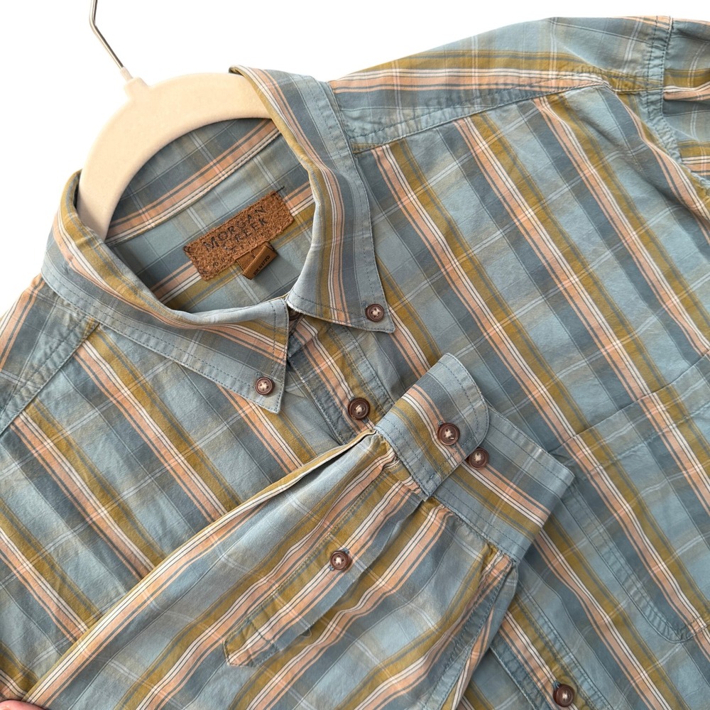 Morgan Creek Button Down Shirt Mens L Blue Plaid Cotton Long Sleeve 810245